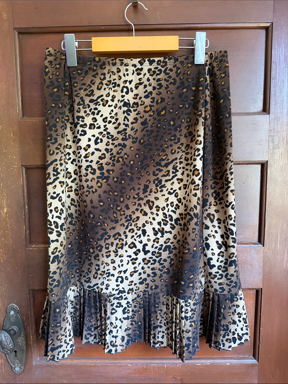 BCBG Leopard Print Midi Skirt with Pleated Ruffle Hem